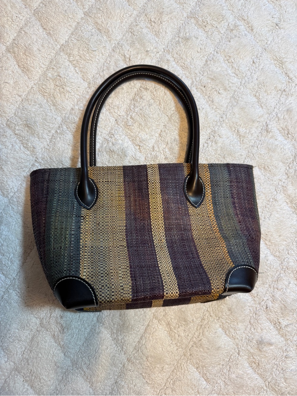 Woven Striped Tote Bag with Black Leather Handles - Multicolor